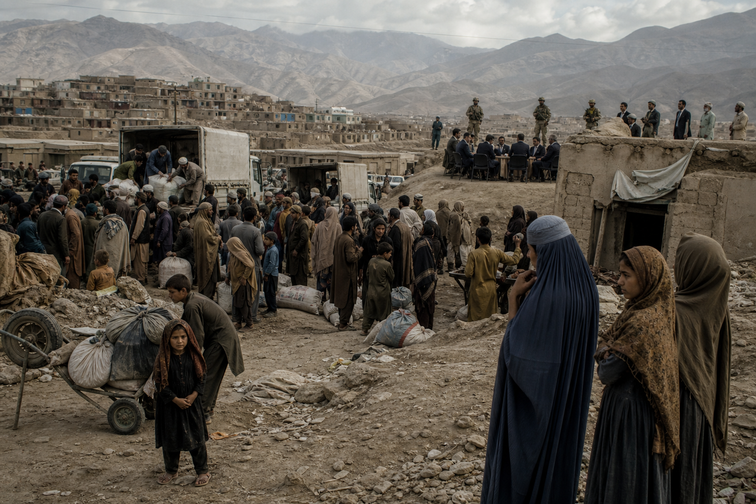 Crowd gathers around aid trucks in a mountainous settlement as officials meet nearby
