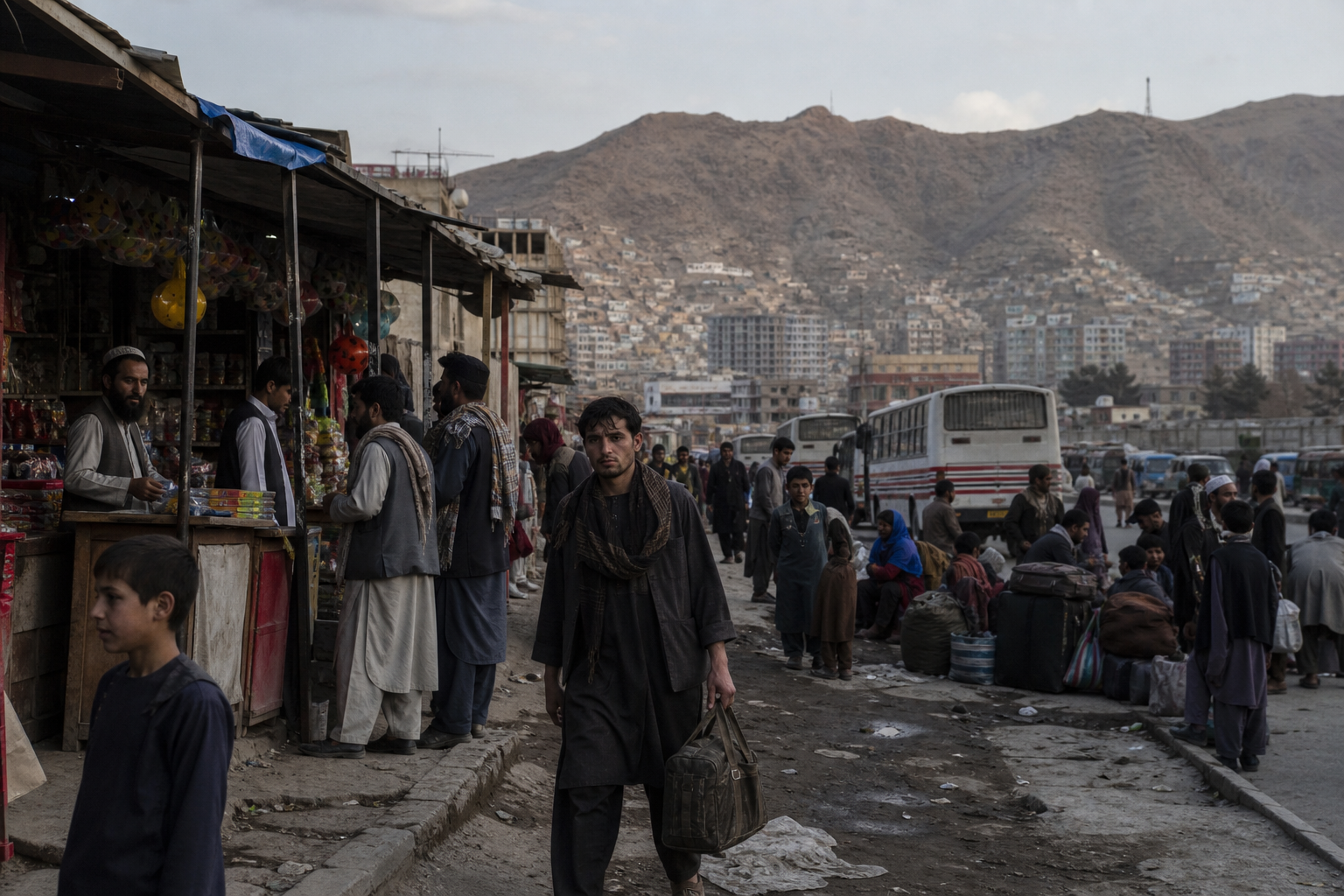 Crowded street market with shoppers, buses, and a mountainous cityscape in the background