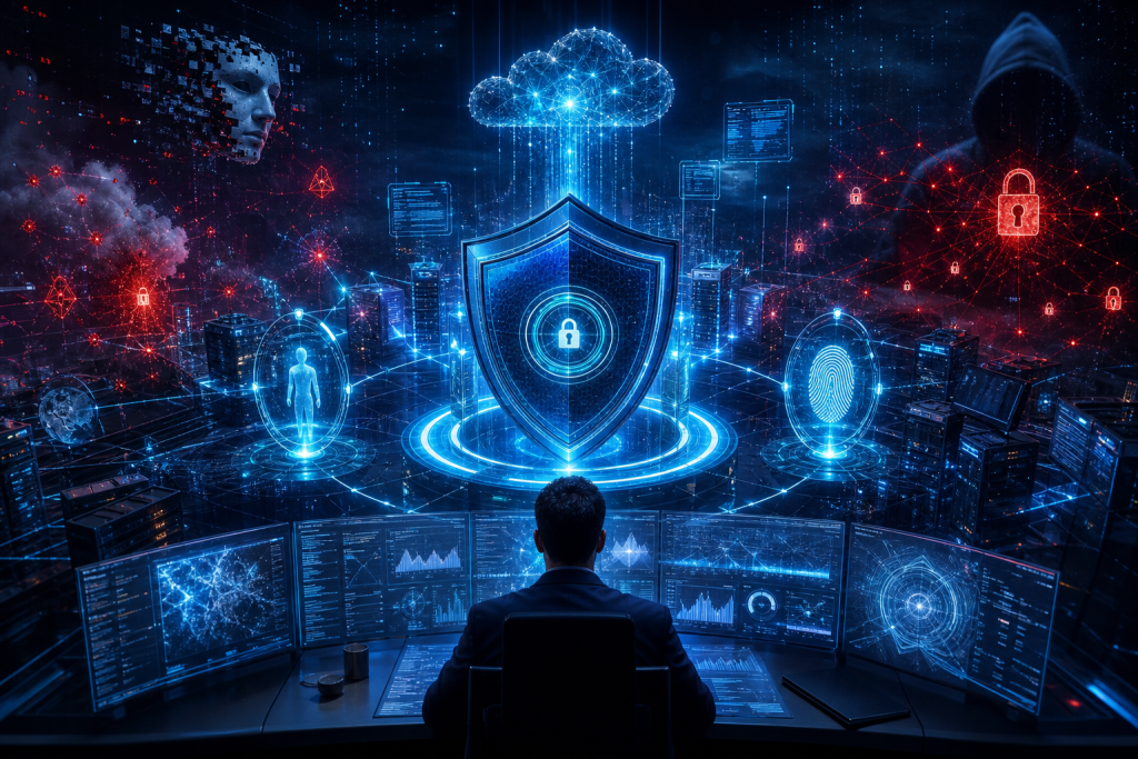 Cybersecurity analyst monitors digital networks, with a central shield, cloud computing, biometric security, and threat alerts