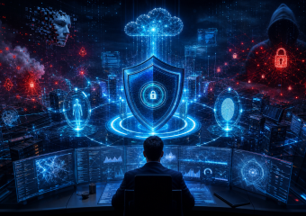 Cybersecurity analyst monitors digital networks, with a central shield, cloud computing, biometric security, and threat alerts