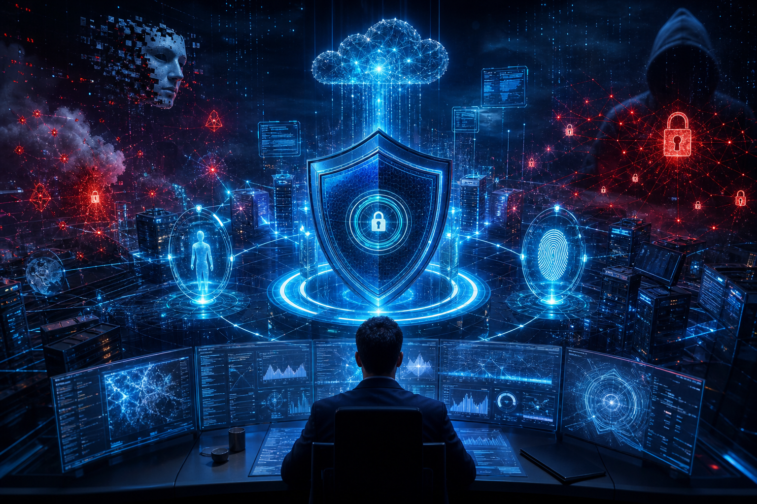 Cybersecurity analyst monitors digital networks, with a central shield, cloud computing, biometric security, and threat alerts