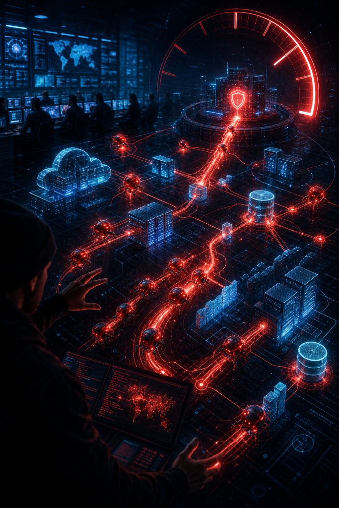Cybersecurity team monitoring a network of servers and data connections protected by a glowing shield