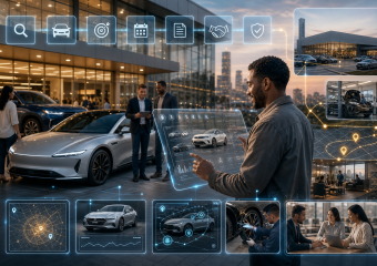 Digital automotive dealership scene showing vehicle sales, service, customer consultations, location tracking, and connected-car technology