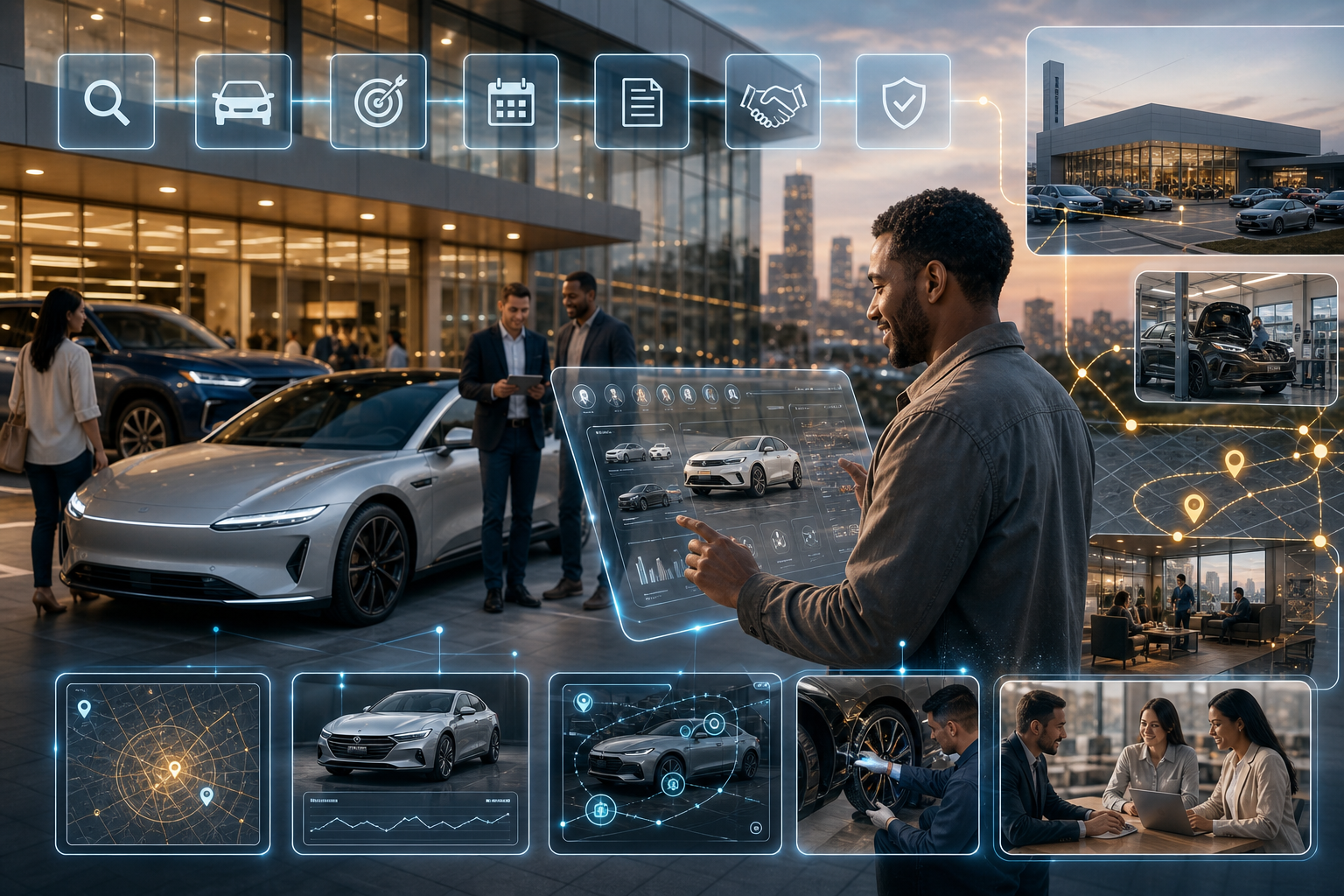Digital automotive dealership scene showing vehicle sales, service, customer consultations, location tracking, and connected-car technology