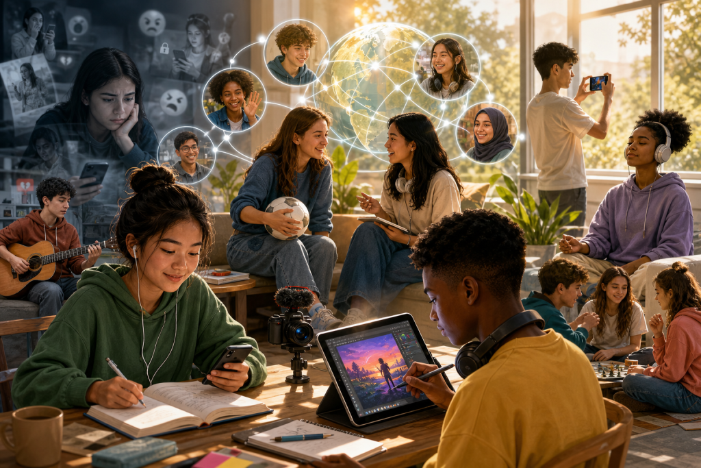 Diverse young people study, create, and connect in a sunlit room surrounded by digital network imagery