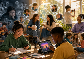 Diverse young people study, create, and connect in a sunlit room surrounded by digital network imagery