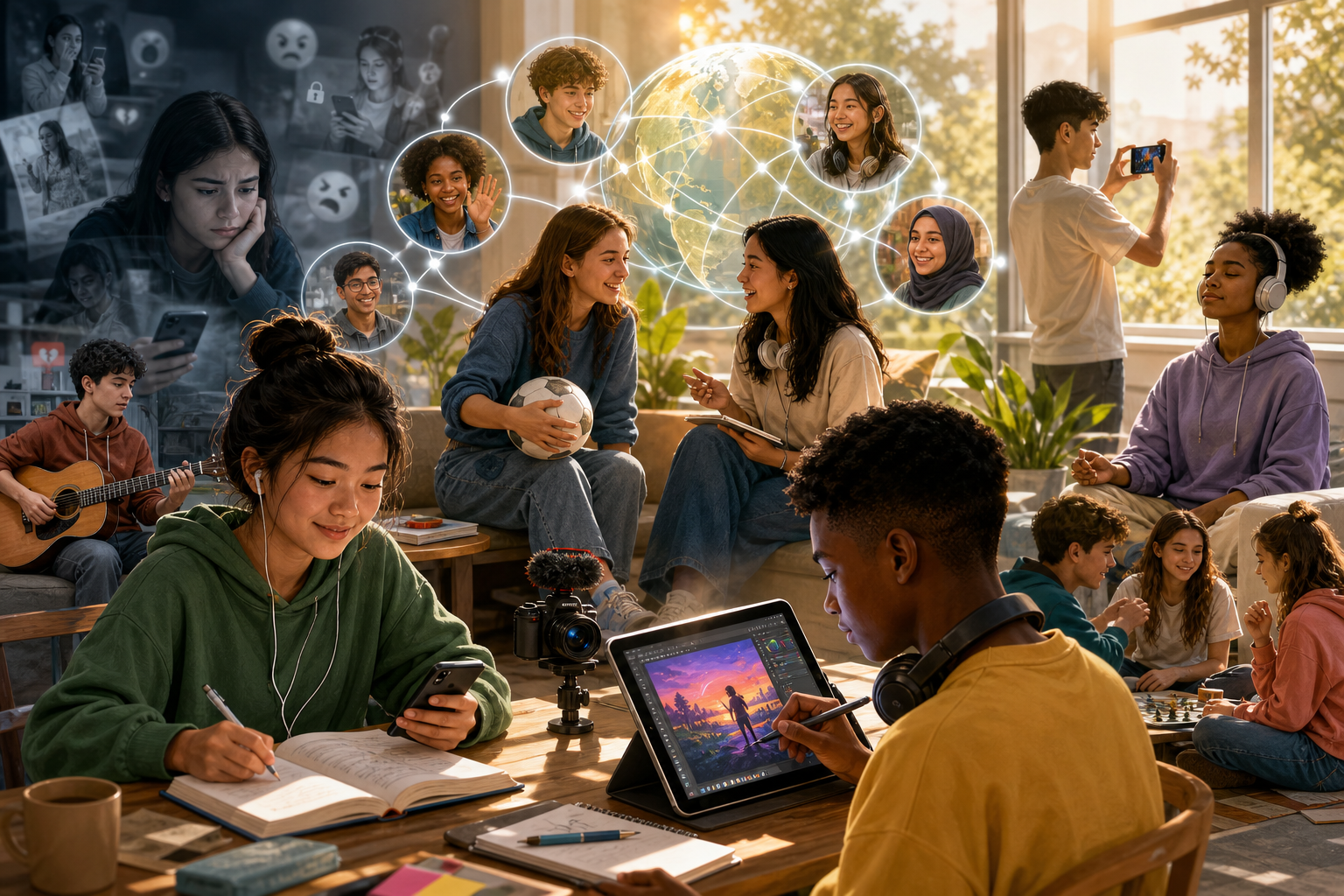 Diverse young people study, create, and connect in a sunlit room surrounded by digital network imagery