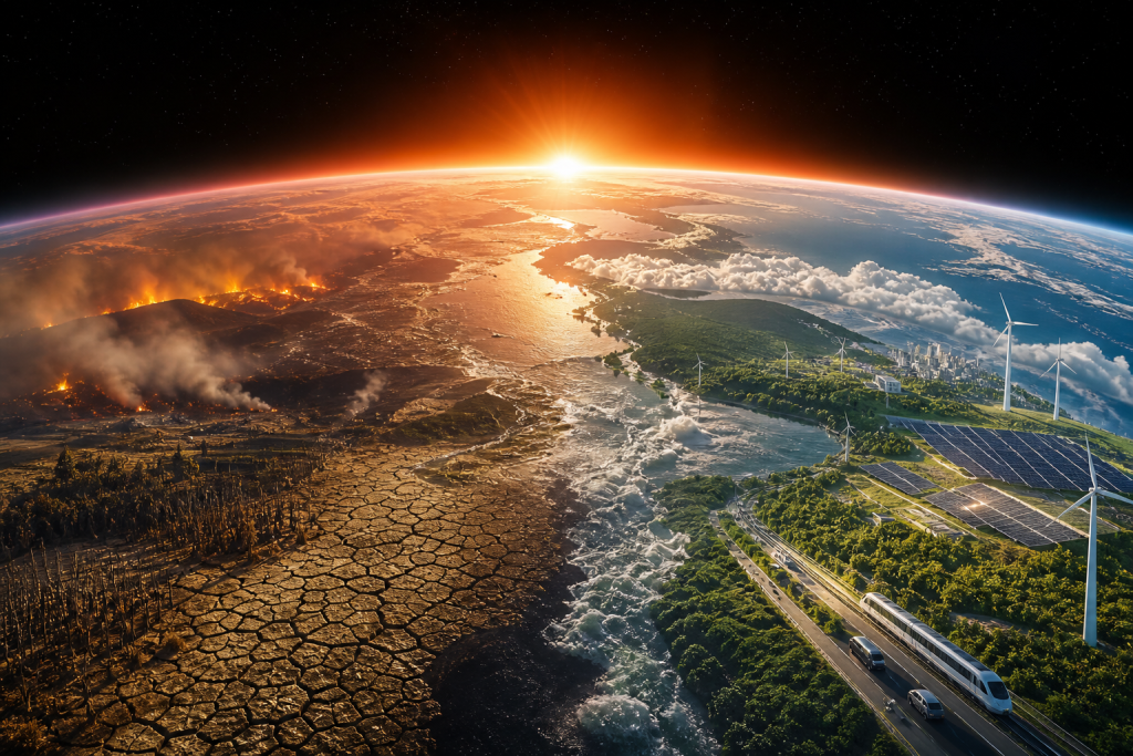 Earth divided between drought, wildfire, and destruction on one side and green landscapes powered by wind and solar energy on the other