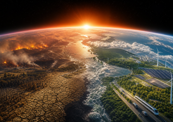 Earth divided between drought, wildfire, and destruction on one side and green landscapes powered by wind and solar energy on the other