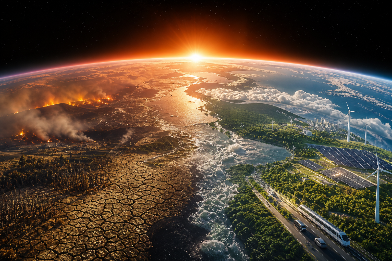 Earth divided between drought, wildfire, and destruction on one side and green landscapes powered by wind and solar energy on the other