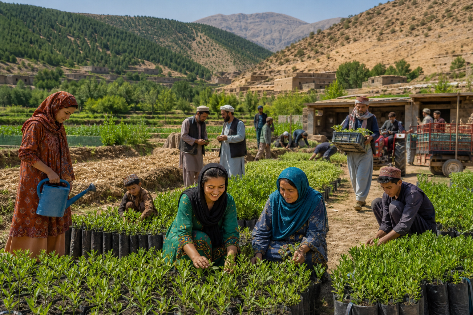 Farm workers tend rows of seedlings in a mountain valley, with a tractor and village buildings behind them