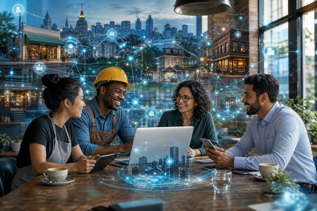 Four professionals collaborate around a laptop and tablet in a café, with a futuristic city and digital network overlay