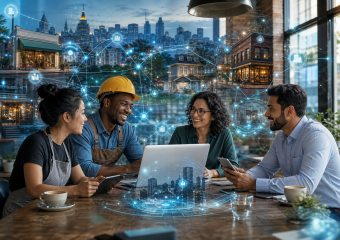Four professionals collaborate around a laptop and tablet in a café, with a futuristic city and digital network overlay
