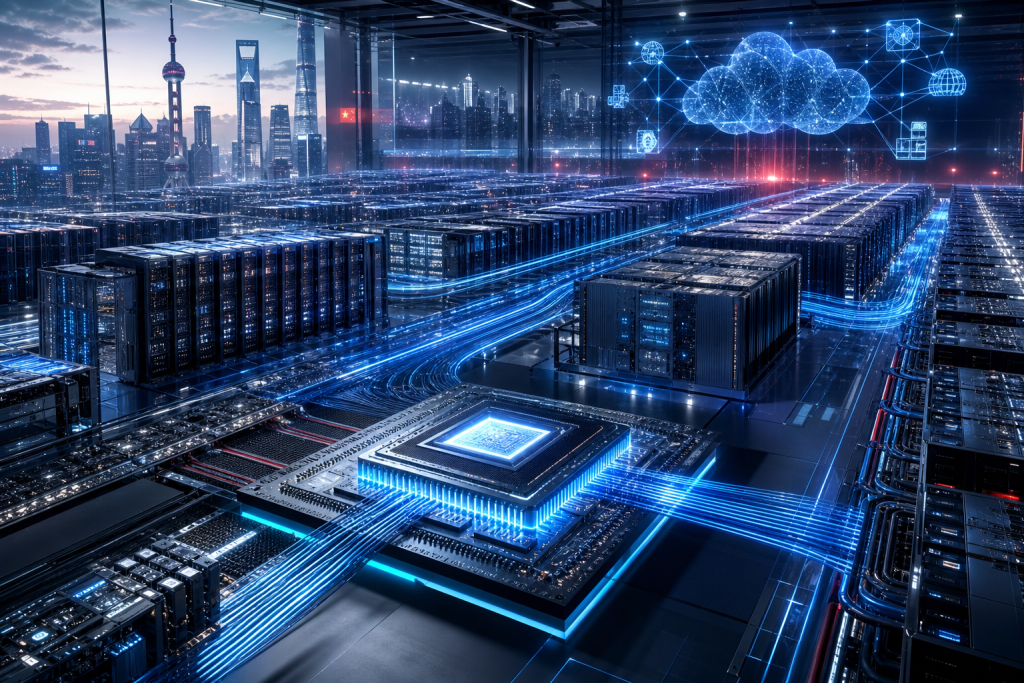 Futuristic data center with server racks, glowing data connections, and a cloud computing network display