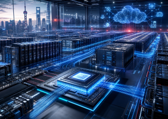 Futuristic data center with server racks, glowing data connections, and a cloud computing network display