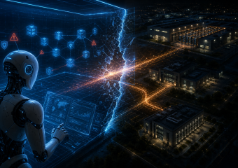 Futuristic robot analyzing a digital network beside a lit data center, symbolizing cybersecurity and technology infrastructure