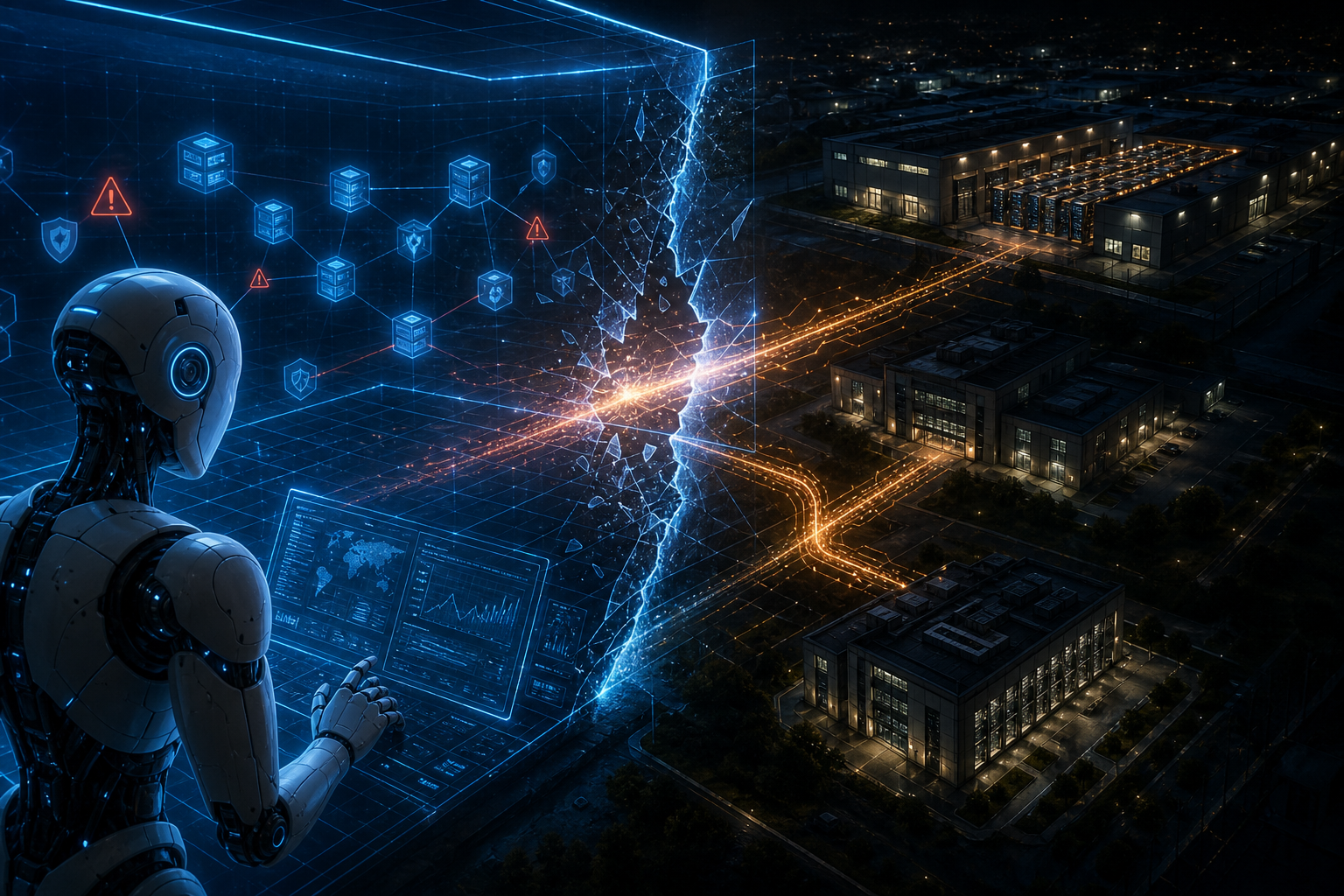 Futuristic robot analyzing a digital network beside a lit data center, symbolizing cybersecurity and technology infrastructure