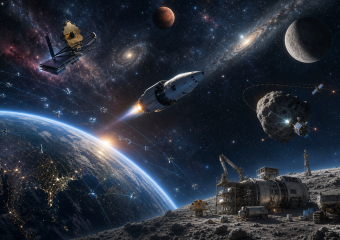 Futuristic space scene with Earth, satellites, a spacecraft, lunar base, and asteroid mining operations
