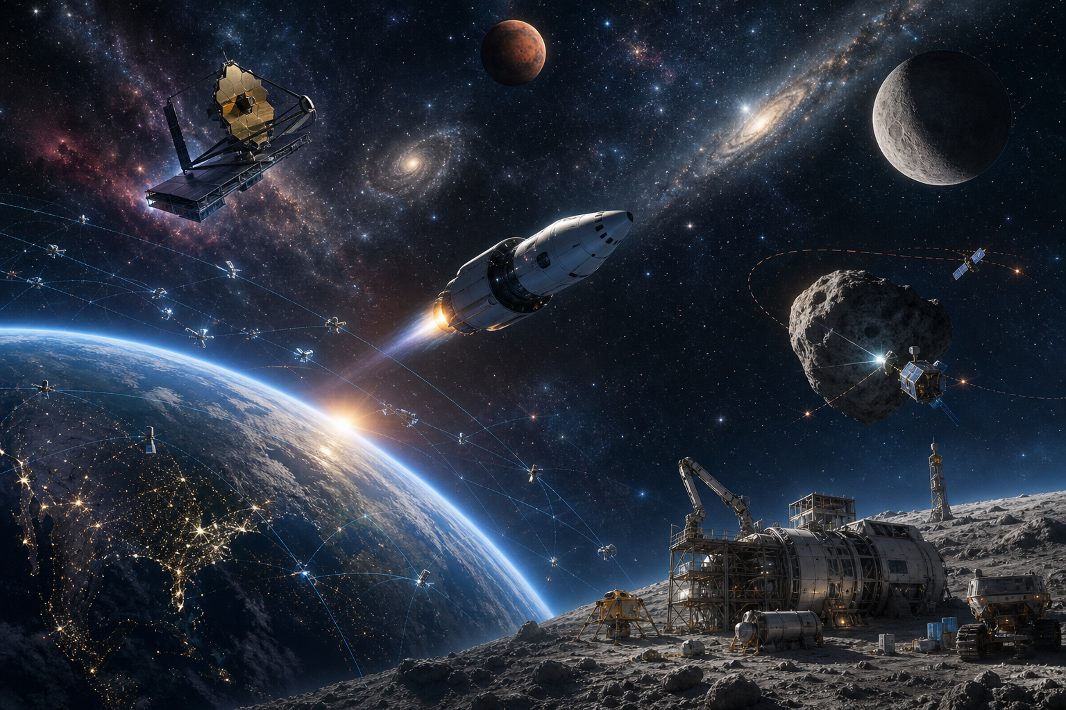Futuristic space scene with Earth, satellites, a spacecraft, lunar base, and asteroid mining operations