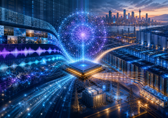Glowing computer processor connecting data streams, server racks, power infrastructure, and a city skyline