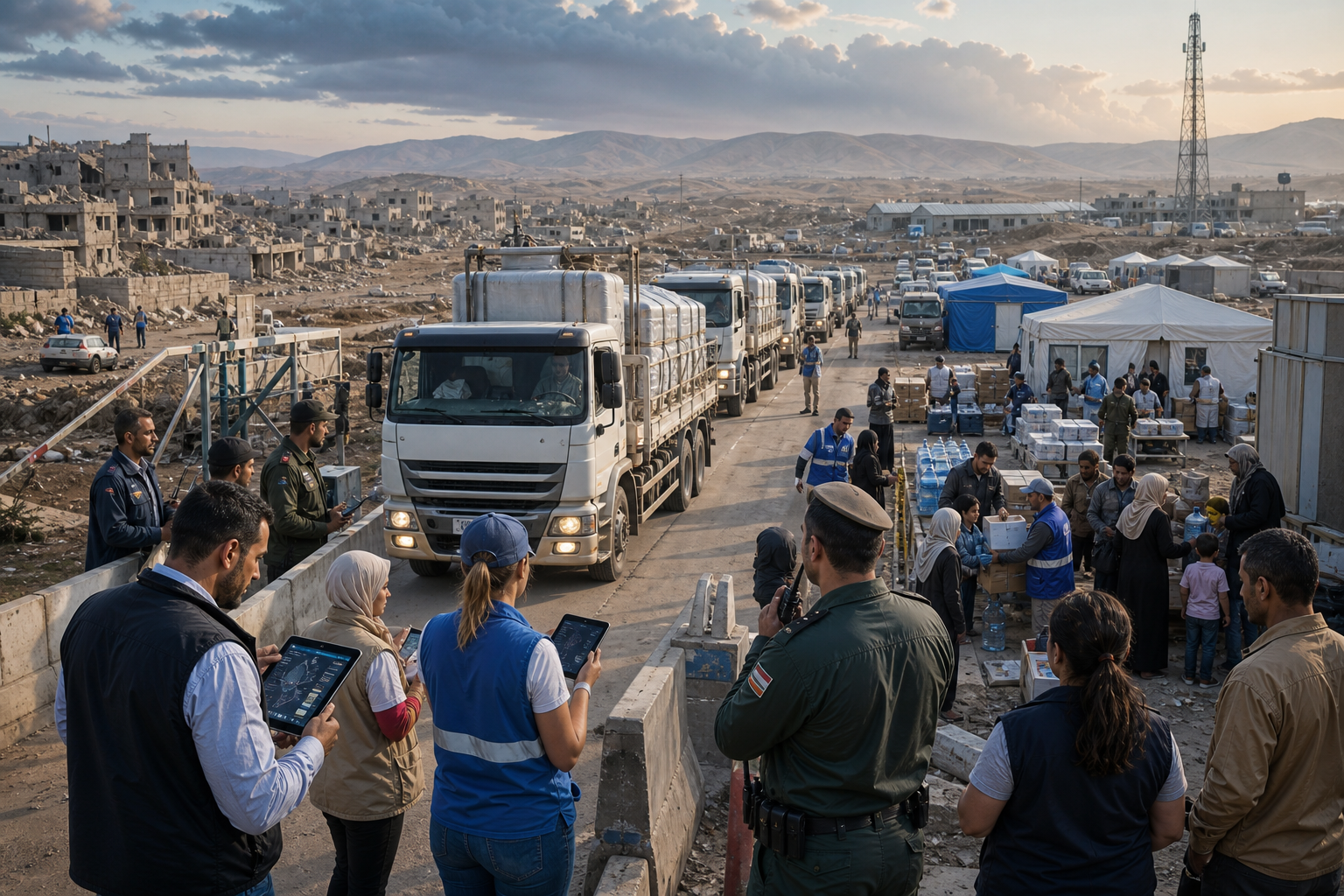 Humanitarian aid convoy delivers supplies at a tent camp amid a war-damaged settlement
