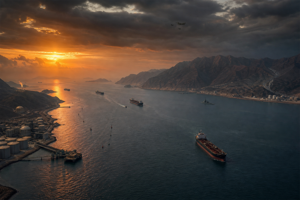 Industrial harbor at sunset, with oil storage tanks, cargo ships, and mountainous coastline