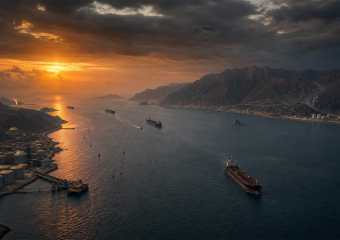 Industrial harbor at sunset, with oil storage tanks, cargo ships, and mountainous coastline