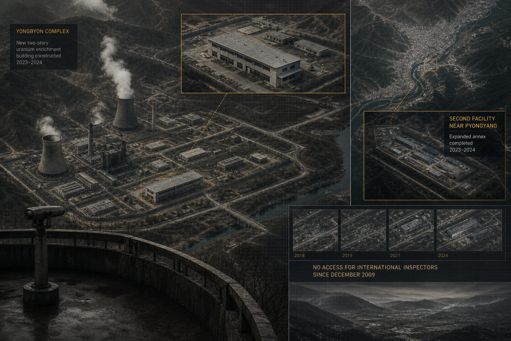 Infographic documenting new and expanded North Korean nuclear facilities at Yongbyon and near Pyongyang, 2023–2024