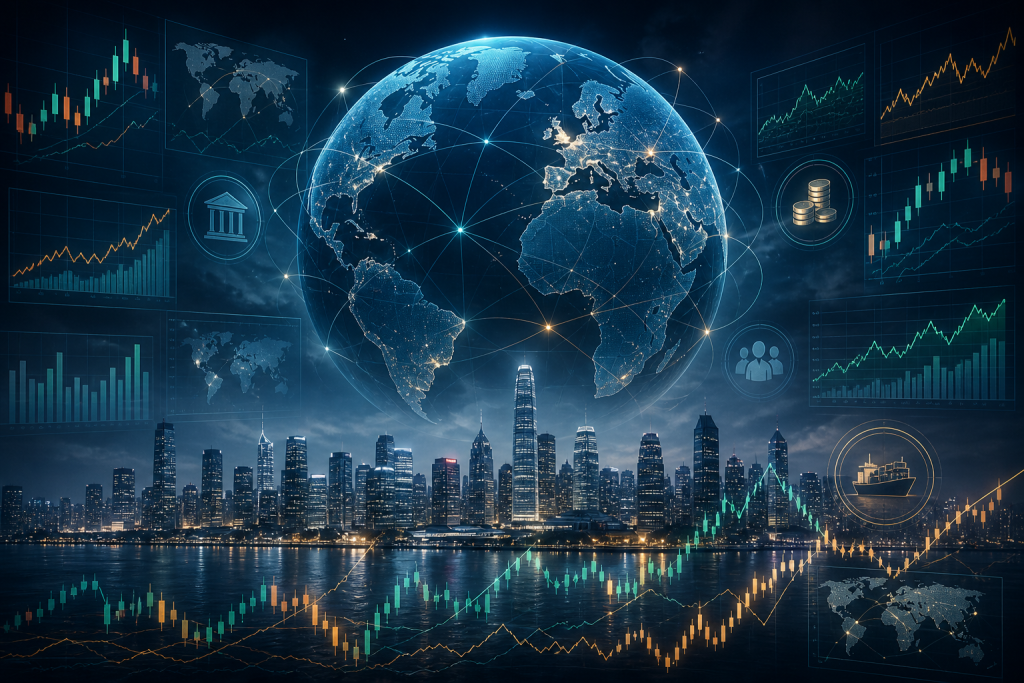 Interconnected global financial markets shown over a world globe, with stock charts, currency, trade, and a city skyline