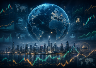 Interconnected global financial markets shown over a world globe, with stock charts, currency, trade, and a city skyline
