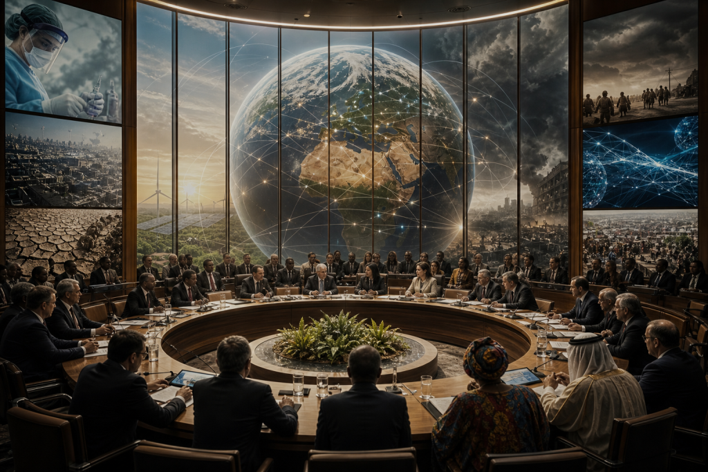 International leaders gather around a conference table beneath a globe, surrounded by scenes of climate change, conflict, technology, and global development