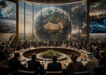 International leaders gather around a conference table beneath a globe, surrounded by scenes of climate change, conflict, technology, and global development