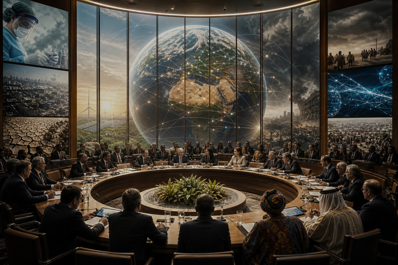 International leaders gather around a conference table beneath a globe, surrounded by scenes of climate change, conflict, technology, and global development