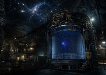 Large cylindrical particle detector glowing blue inside an underground cavern, surrounded by cables, platforms, and rocky walls
