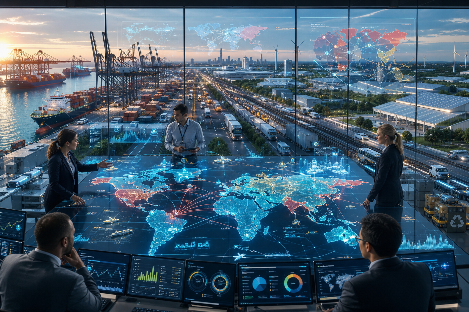 Logistics team monitors global supply chains using digital maps and data dashboards overlooking a busy port
