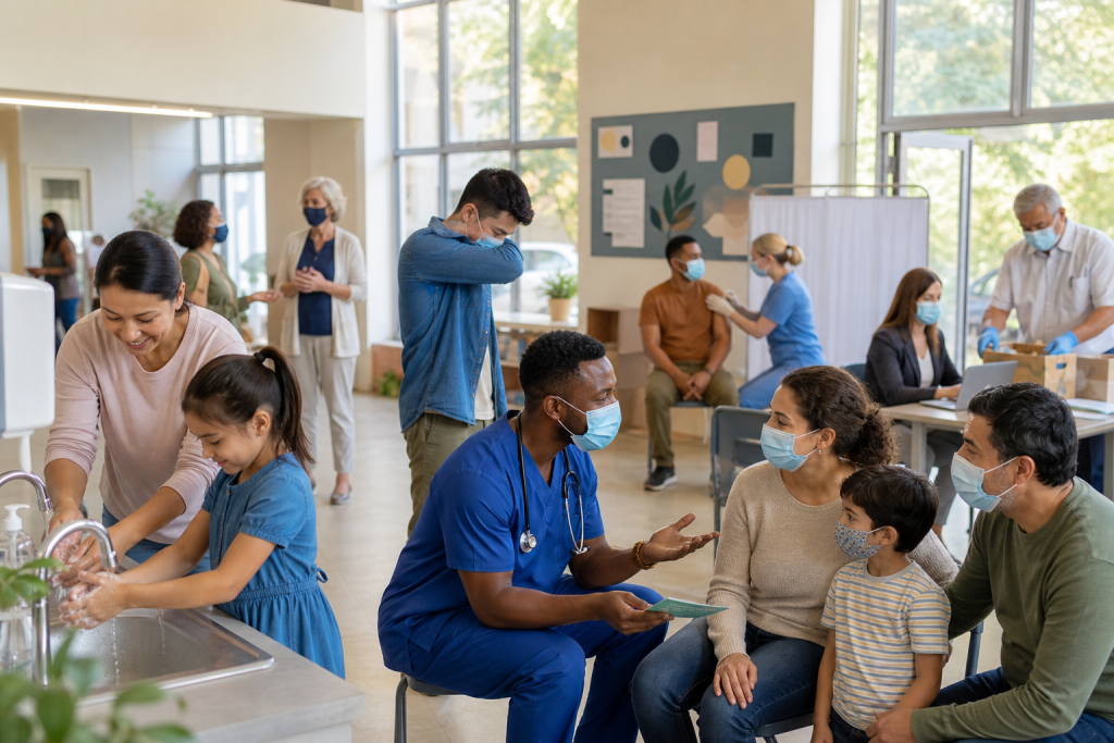 Masked patients and healthcare workers in a clinic, with handwashing, a vaccination, and a medical consultation
