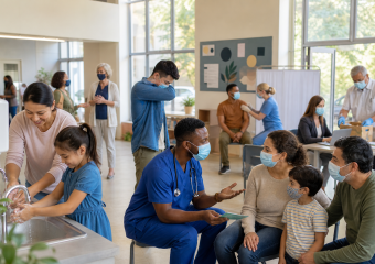 Masked patients and healthcare workers in a clinic, with handwashing, a vaccination, and a medical consultation