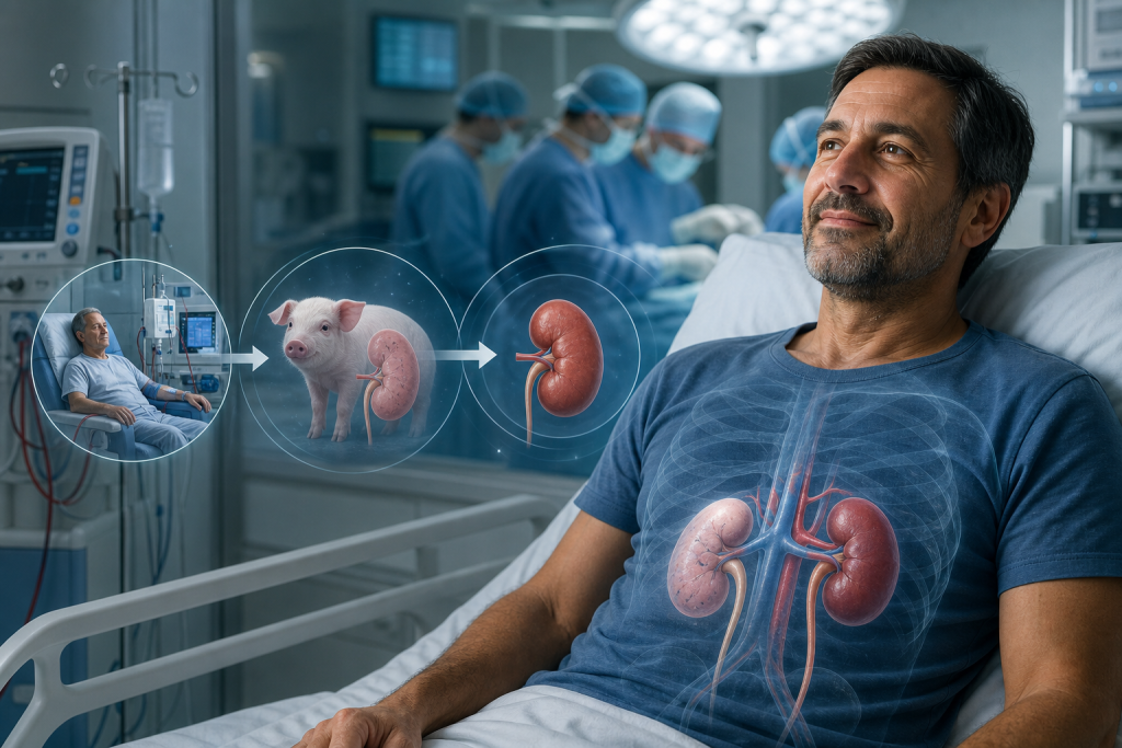 Medical illustration of a patient receiving a pig kidney transplant, with arrows showing the kidney's path to the recipient