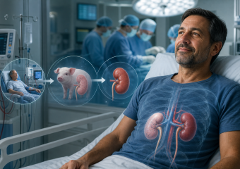 Medical illustration of a patient receiving a pig kidney transplant, with arrows showing the kidney's path to the recipient