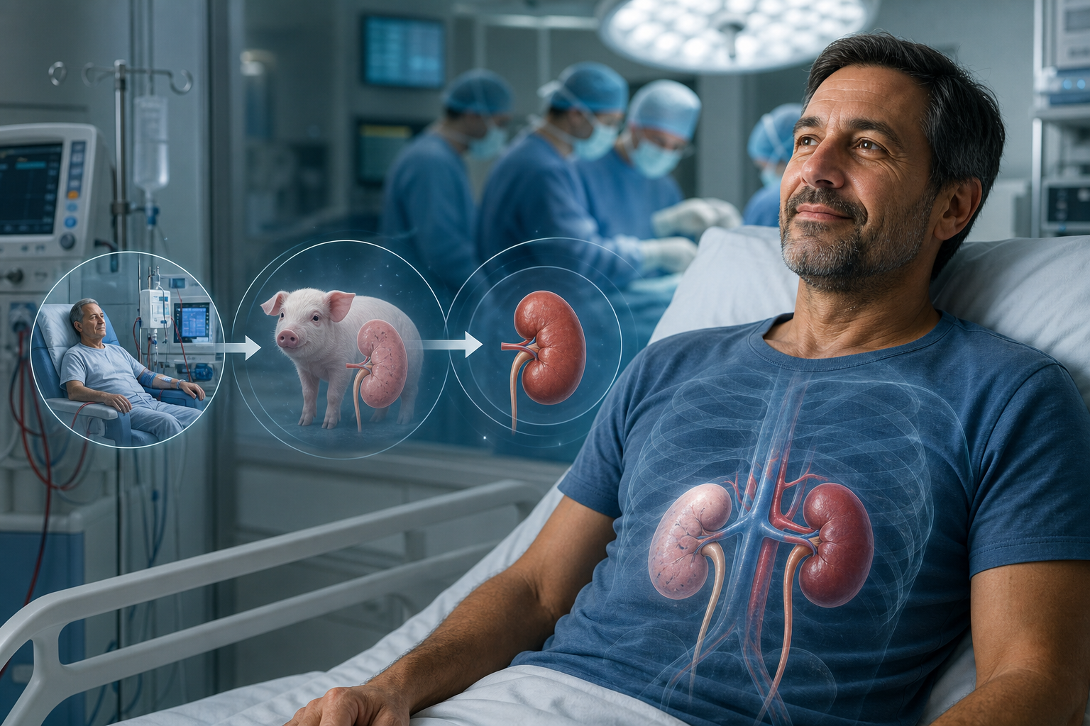 Medical illustration of a patient receiving a pig kidney transplant, with arrows showing the kidney's path to the recipient