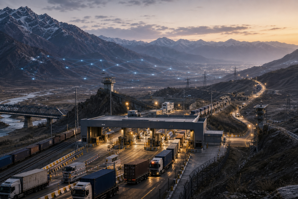 Mountain border checkpoint with trucks, freight trains, power lines, and a glowing digital network across the valley