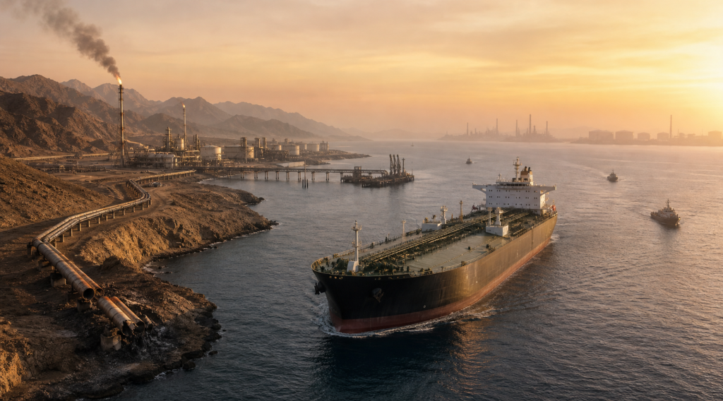 Oil tanker approaching a refinery terminal, with pipelines along a rugged shoreline and mountains in the background