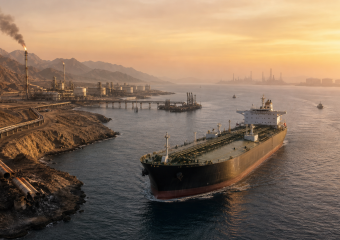 Oil tanker approaching a refinery terminal, with pipelines along a rugged shoreline and mountains in the background