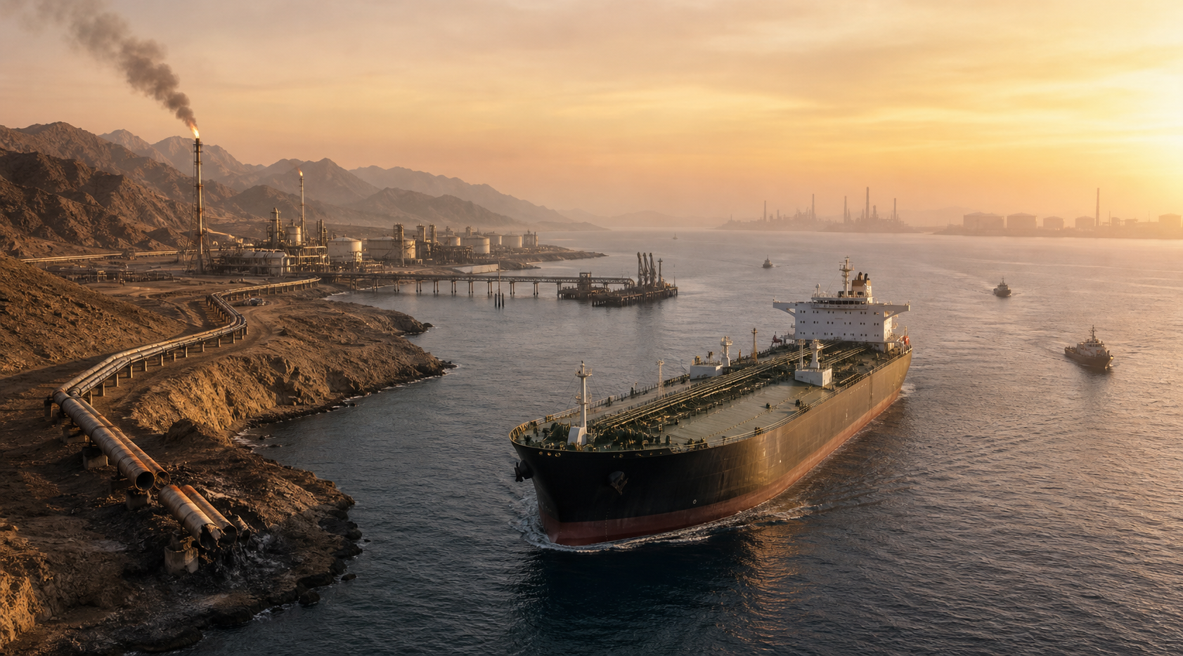 Oil tanker approaching a refinery terminal, with pipelines along a rugged shoreline and mountains in the background