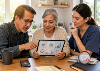 Older couple reviews a tablet with a healthcare professional; warning symbols appear on a phone and magnifying glass