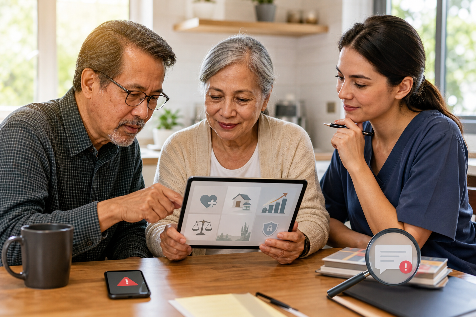 Older couple reviews a tablet with a healthcare professional; warning symbols appear on a phone and magnifying glass