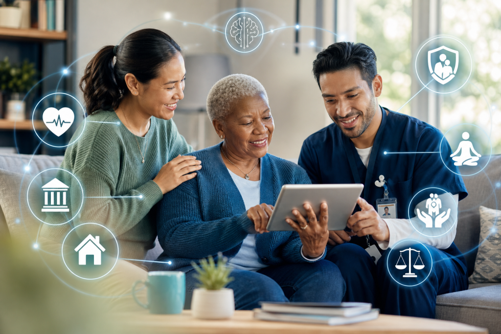 Older woman reviews a tablet with a caregiver and healthcare professional at home, surrounded by health and support icons