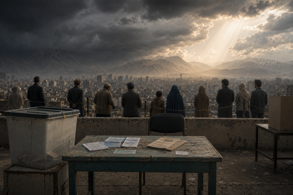 People stand behind a barrier overlooking a dense city and snow-capped mountains beneath storm clouds and sunbeams