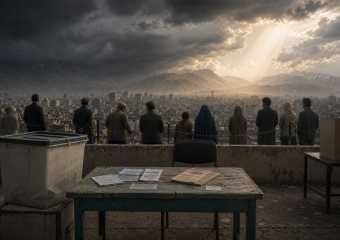 People stand behind a barrier overlooking a dense city and snow-capped mountains beneath storm clouds and sunbeams