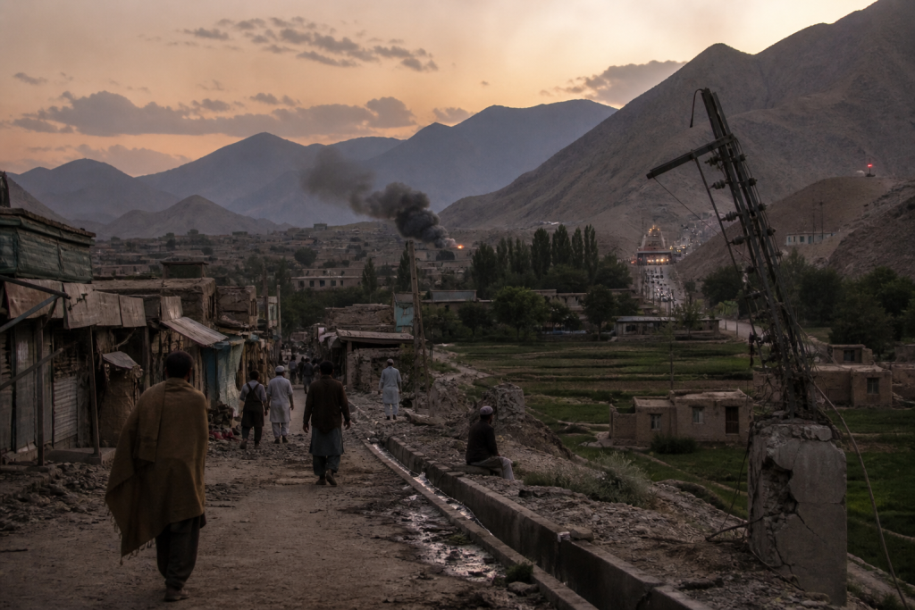 People walk along a rough road through a mountain valley settlement as smoke rises near fields at sunset